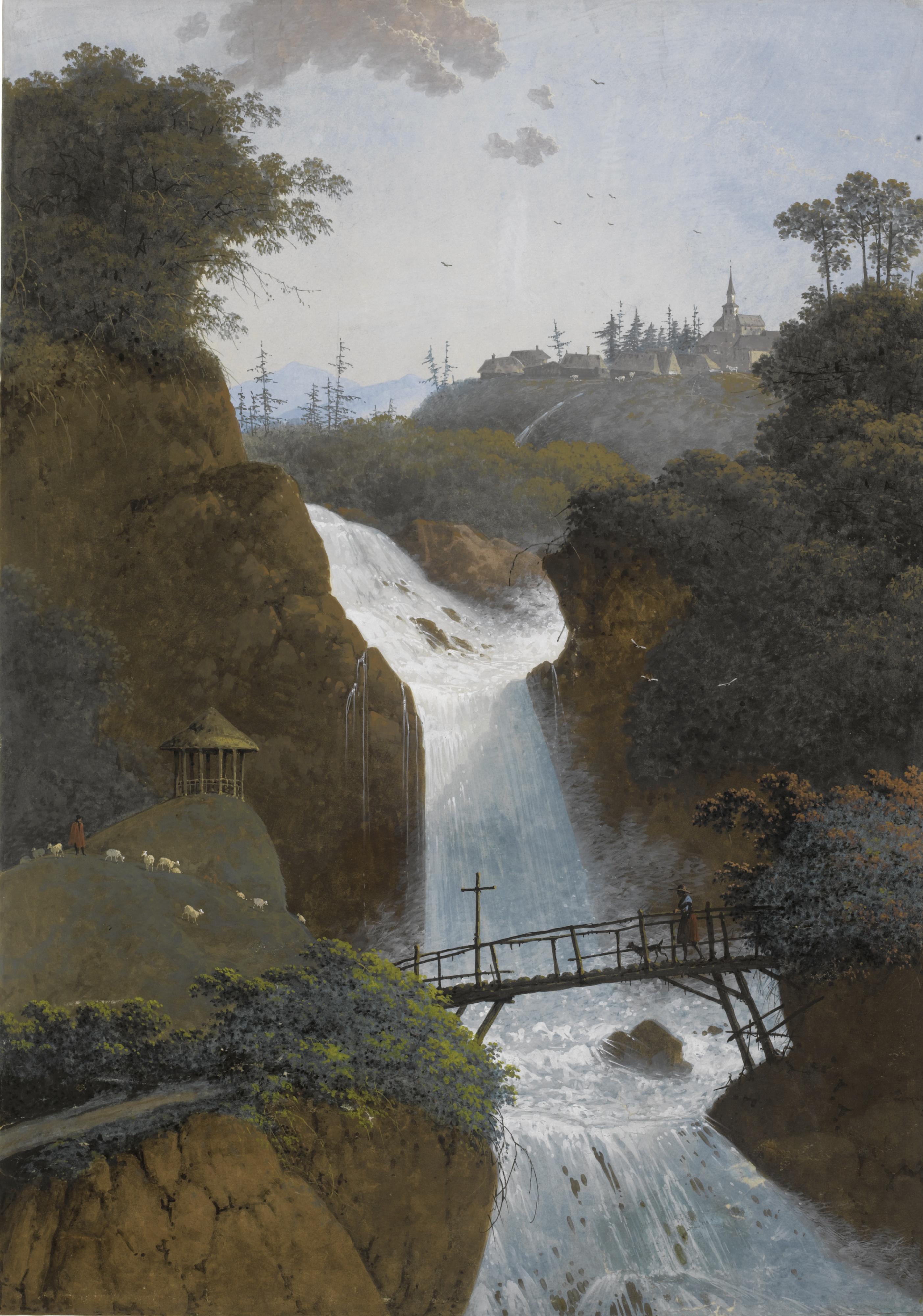 Hendrik Johannes Knip - View Of A Waterfall, A Village Beyond, Said To Be Martigny, Switzerland