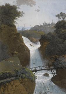 Hendrik Johannes Knip - View Of A Waterfall, A Village Beyond, Said To Be Martigny, Switzerland