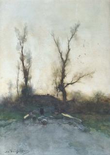 Hendrik Johannes Weissenbruch - Early morning: a shepherd guiding his flock