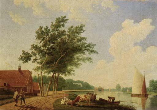 Hendrik Keun - A farm by a river with cattle and peasants on a road; and A peasant milking a cow, a farm nearby