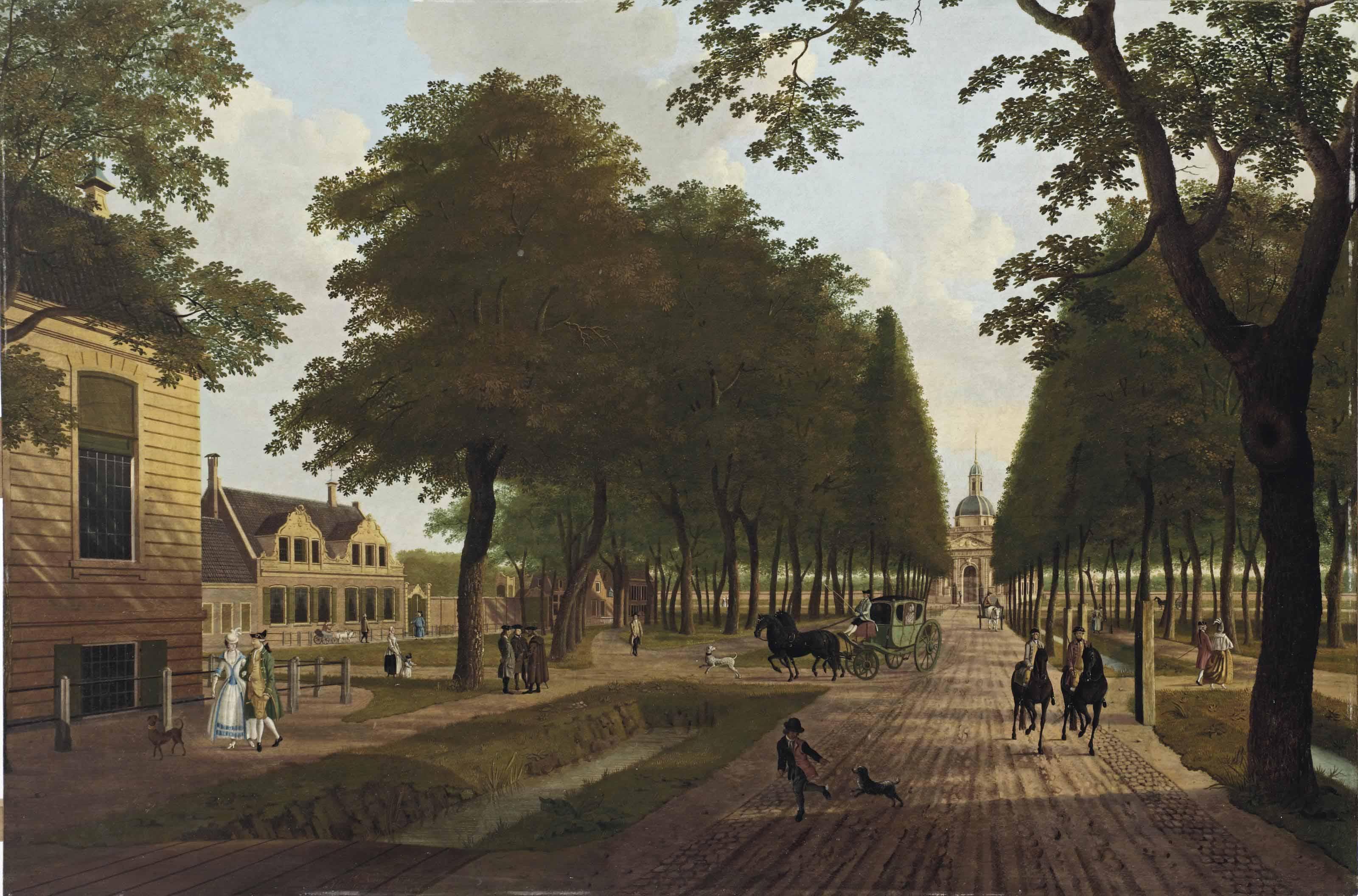 Hendrik Keun - A view of the Plantage Middenlaan, Amsterdam, with the residence of \'Vlietsorg\' to the left and the Muiderpoort in the distance