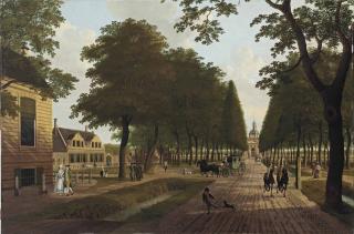 Hendrik Keun - A view of the Plantage Middenlaan, Amsterdam, with the residence of \'Vlietsorg\' to the left and the Muiderpoort in the distance