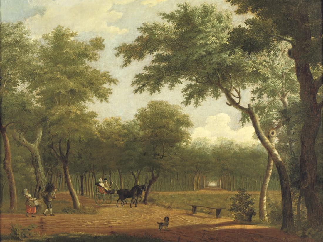 Hendrik Keun - A wooded landscape with an elegant couple in a horse-drawn carriage