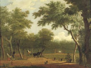 Hendrik Keun - A wooded landscape with an elegant couple in a horse-drawn carriage