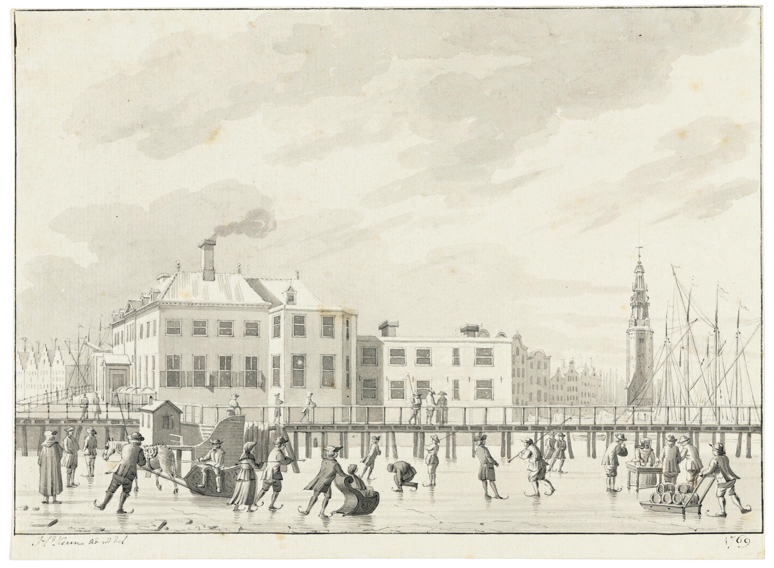 Hendrik Keun - The IJ in winter with skaters near the Nieuwe Stadsherberg, with the Haringpakkerstoren and the city of Amsterdam beyond
