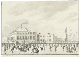 Hendrik Keun - The IJ in winter with skaters near the Nieuwe Stadsherberg, with the Haringpakkerstoren and the city of Amsterdam beyond