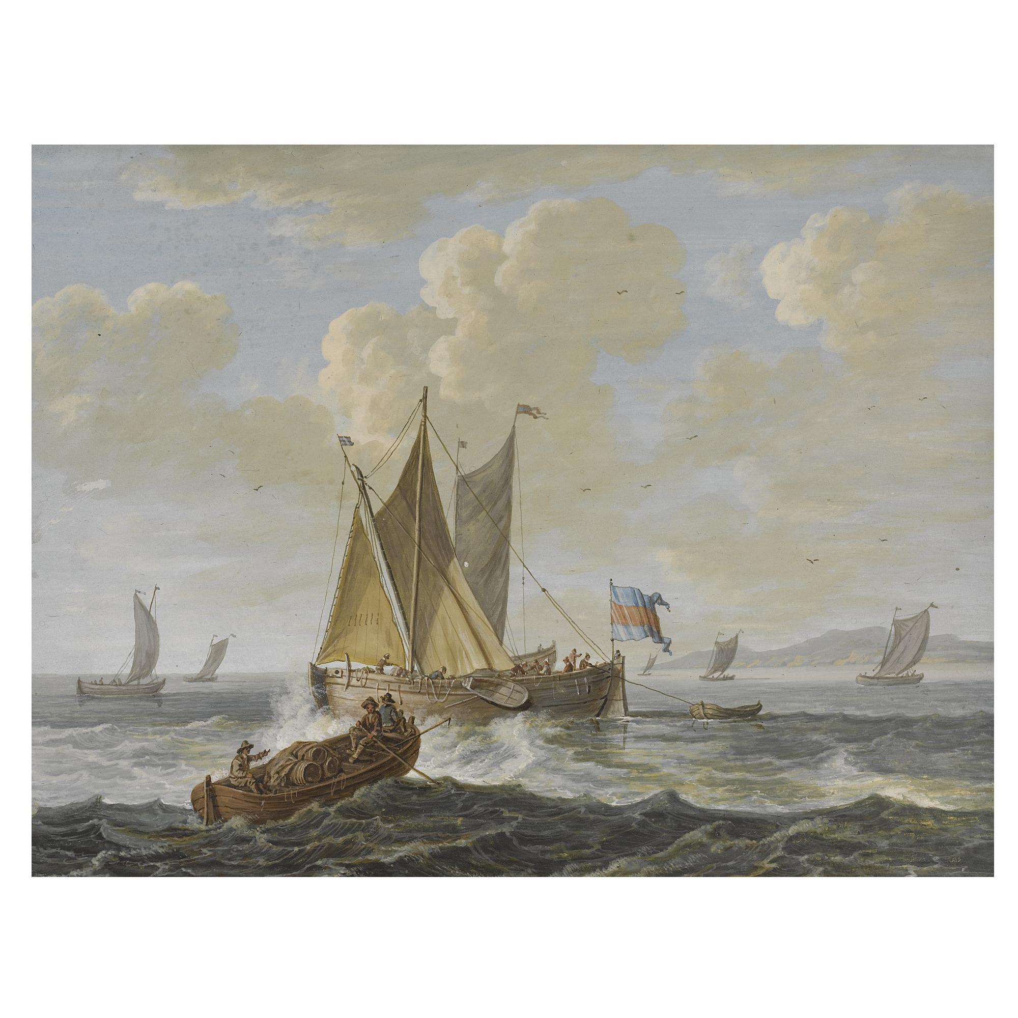 Hendrik Kobell - A Marine Scene, A Skiff Carrying Barrels To A Boeier Yacht, Other Boats Beyond