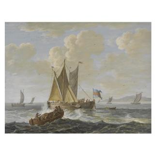 Hendrik Kobell - A Marine Scene, A Skiff Carrying Barrels To A Boeier Yacht, Other Boats Beyond