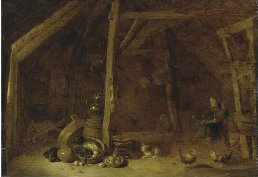 Hendrik Martensz. Sorgh - The interior of a barn with a woman spinning