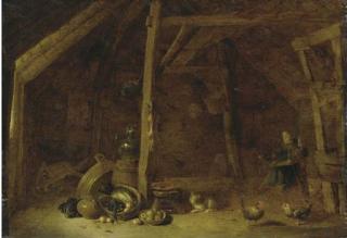 Hendrik Martensz. Sorgh - The interior of a barn with a woman spinning