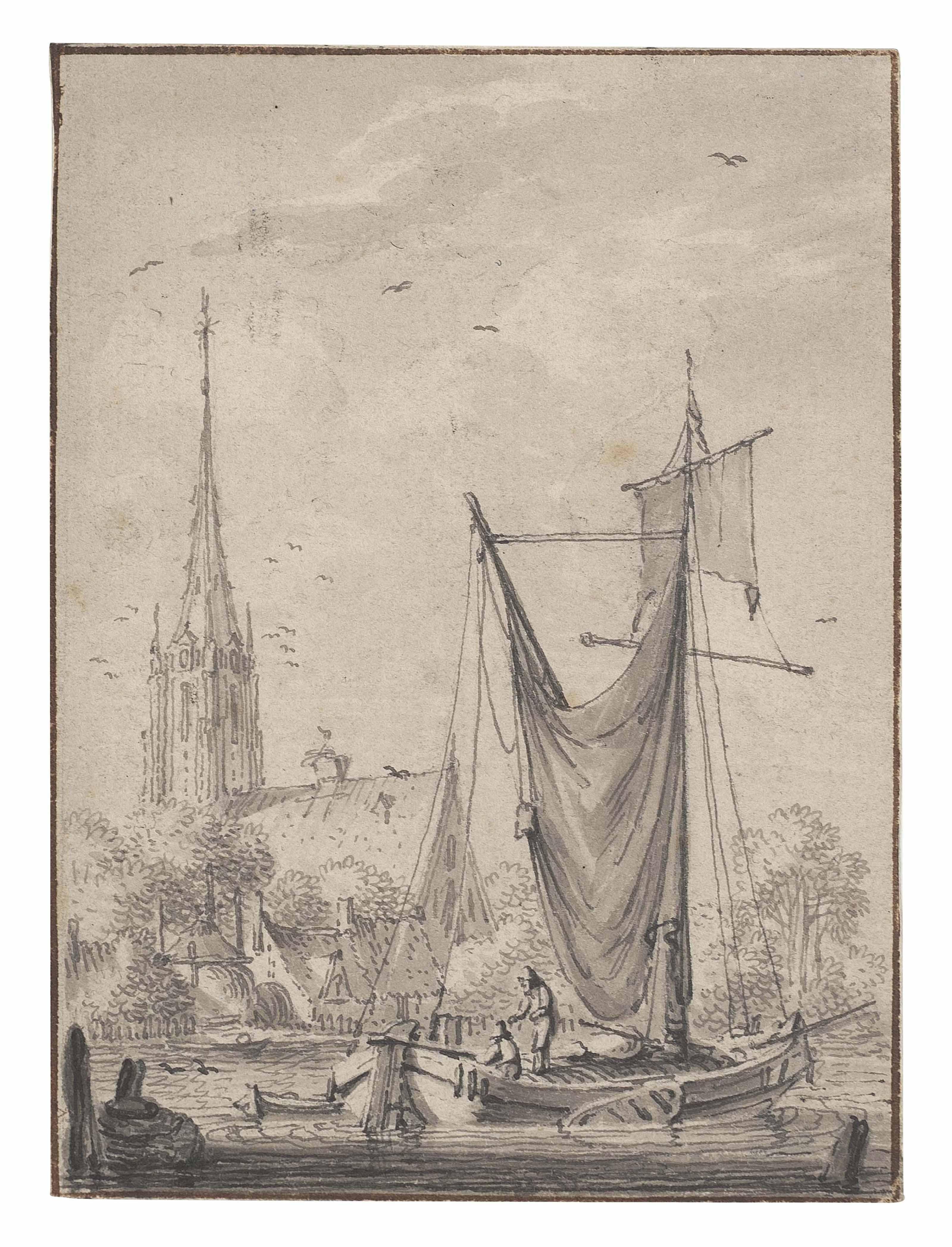 Hendrik Meijer - A fishing vessel in a harbour, a church beyond