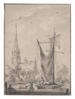 Hendrik Meijer - A fishing vessel in a harbour, a church beyond