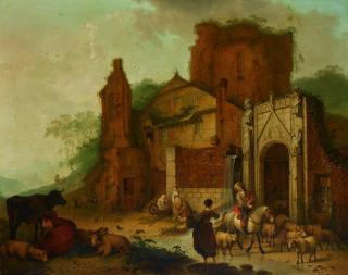 Hendrik Meijer - A Horseman In A Classical Landscape, With Other Figures, Sheep And Cattle