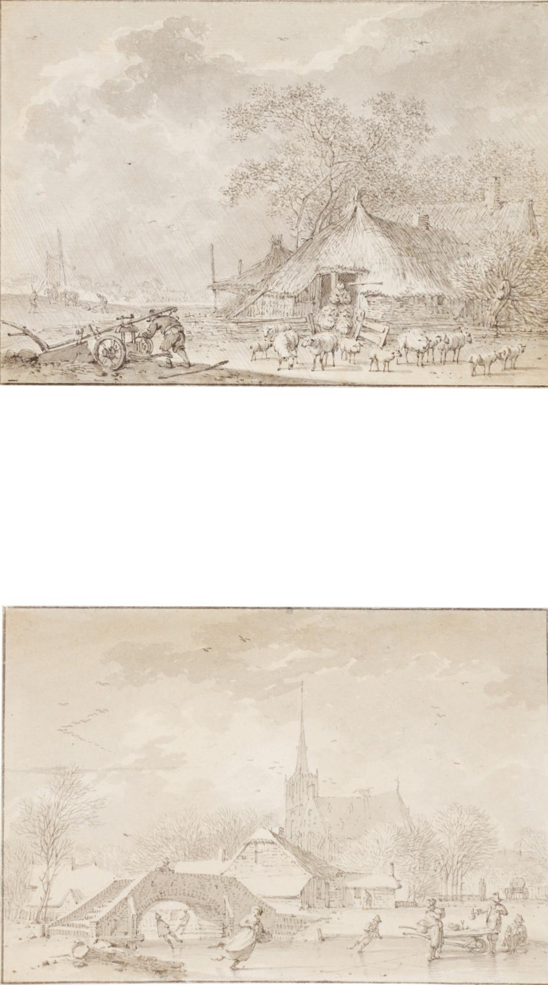 Hendrik Meijer - A pair of landscapes: A) Herders with their flocks B) Figures skating by a bridge, a church beyond