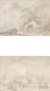 Hendrik Meijer - A pair of landscapes: A) Herders with their flocks B) Figures skating by a bridge, a church beyond