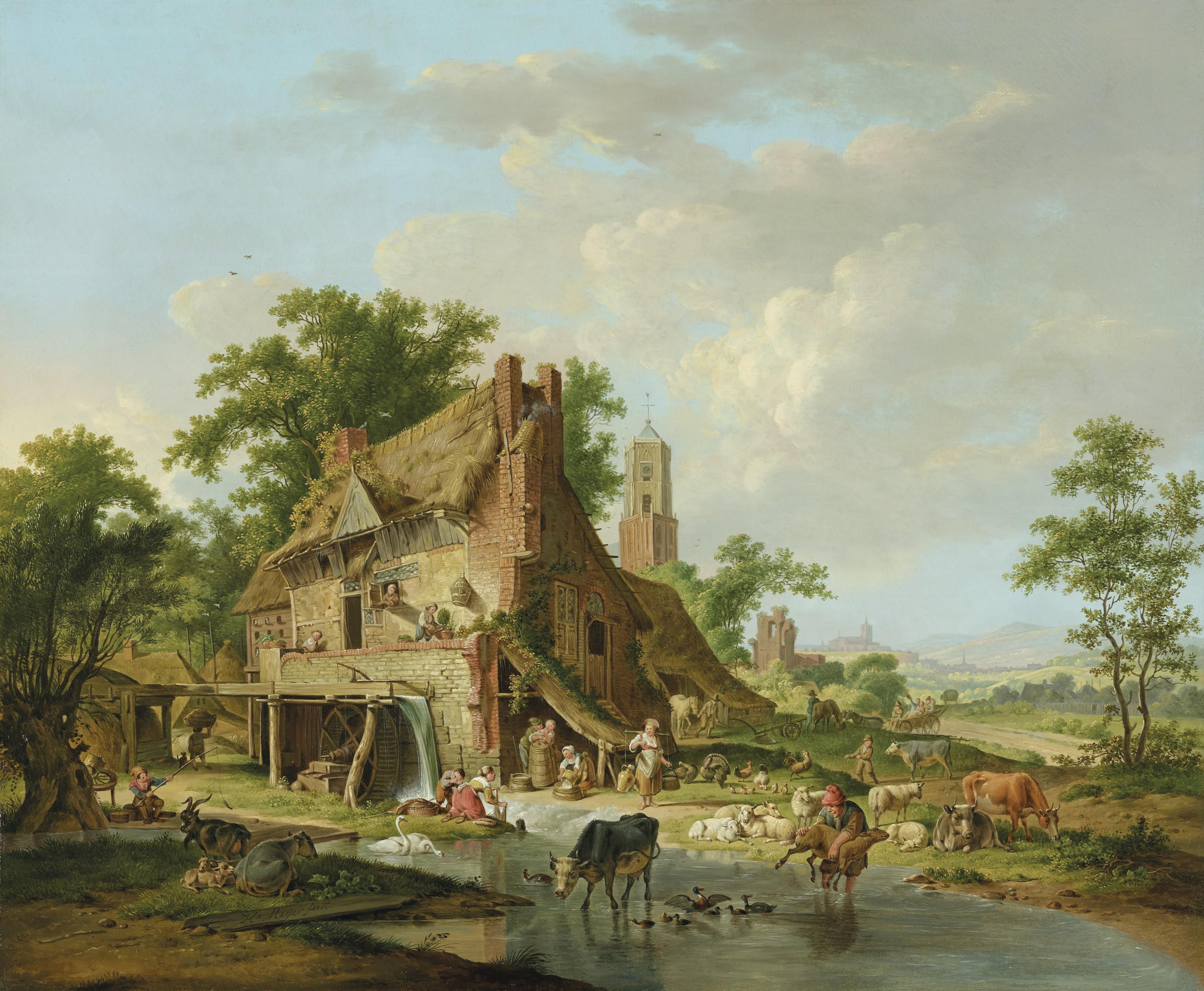 Hendrik Meijer - A Watermill With Farmyard Animals And Peasants, A Landscape Beyond