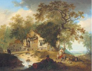 Hendrik Meijer - A wooded river landscape with peasants resting by a cottage