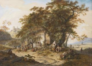 Hendrik Meijer - Extensive Landscape With Peasants Resting Before A Tavern, Others Harvesting In The Distance, And A Church On A Hill Behind