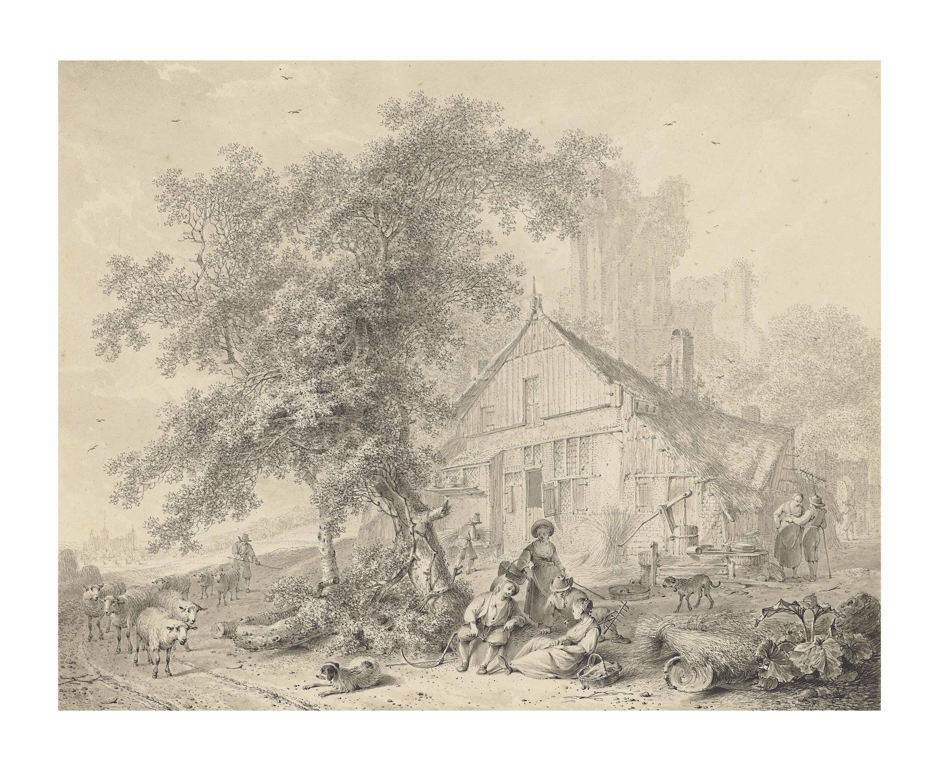 Hendrik Meijer - Harvesters resting beneath a tree in a farmyard