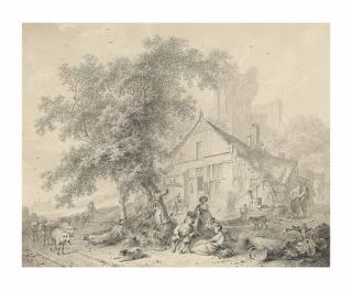 Hendrik Meijer - Harvesters resting beneath a tree in a farmyard