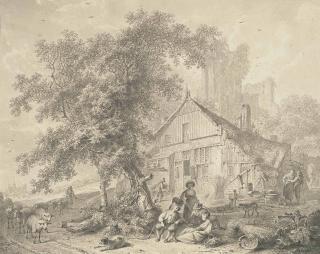 Hendrik Meijer - Harvesters resting beneath a tree in a farmyard