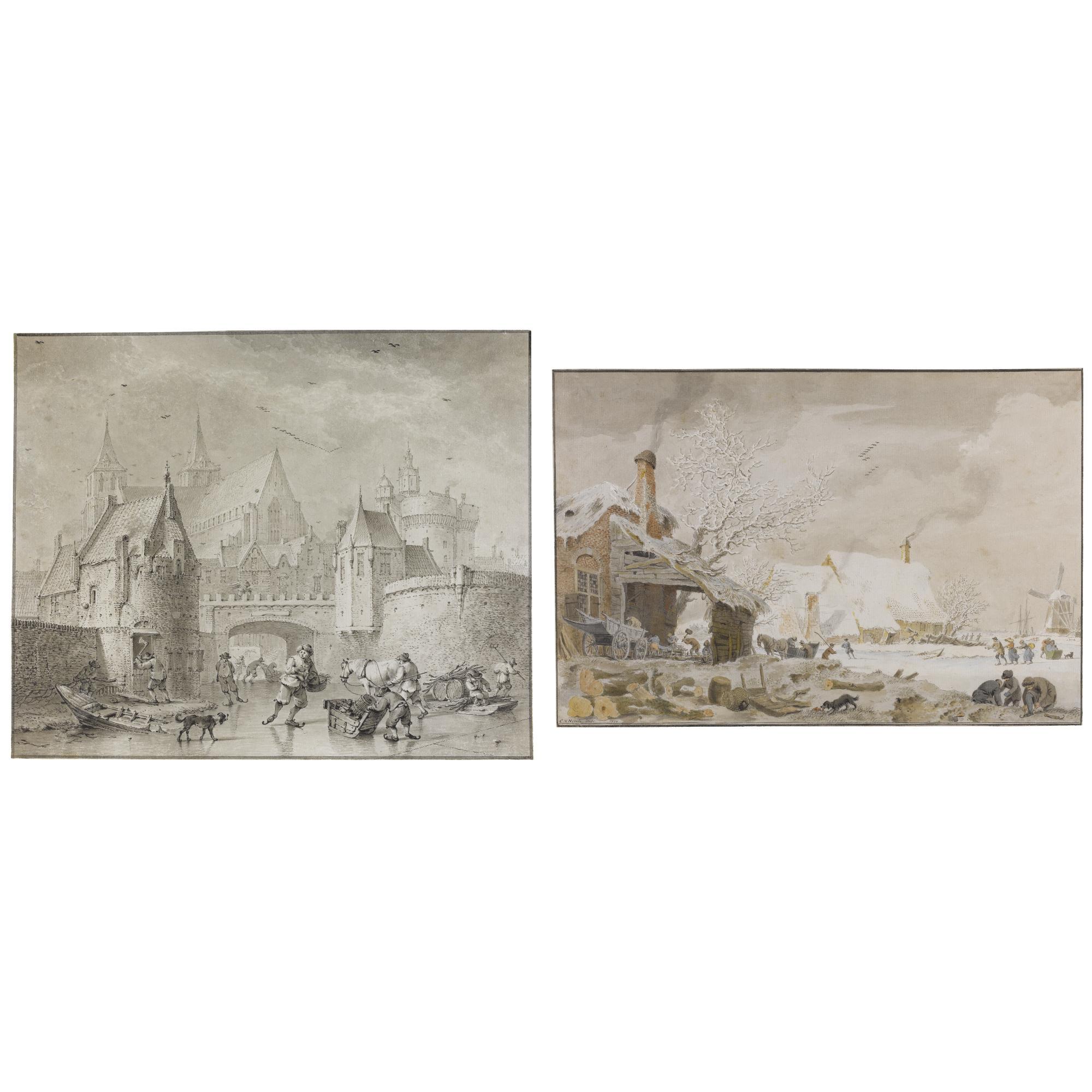 Hendrik Meijer - Skaters On A Frozen Canal Outside The Walls Of A City