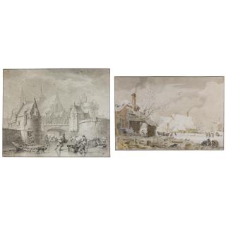 Hendrik Meijer - Skaters On A Frozen Canal Outside The Walls Of A City