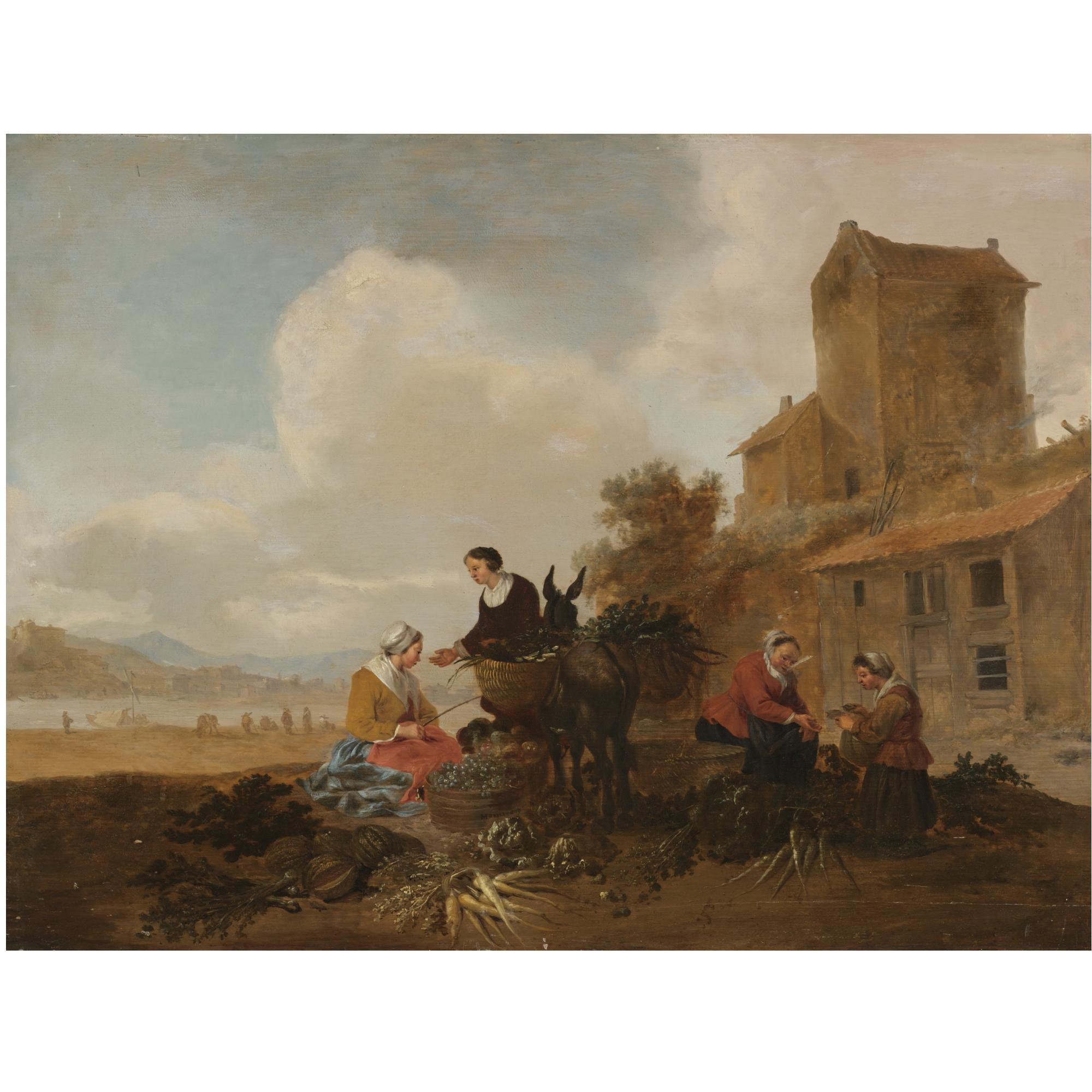 Hendrik Mommers - A River Landscape With Vegetable Sellers In The Foreground With A Donkey