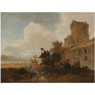 Hendrik Mommers - A River Landscape With Vegetable Sellers In The Foreground With A Donkey