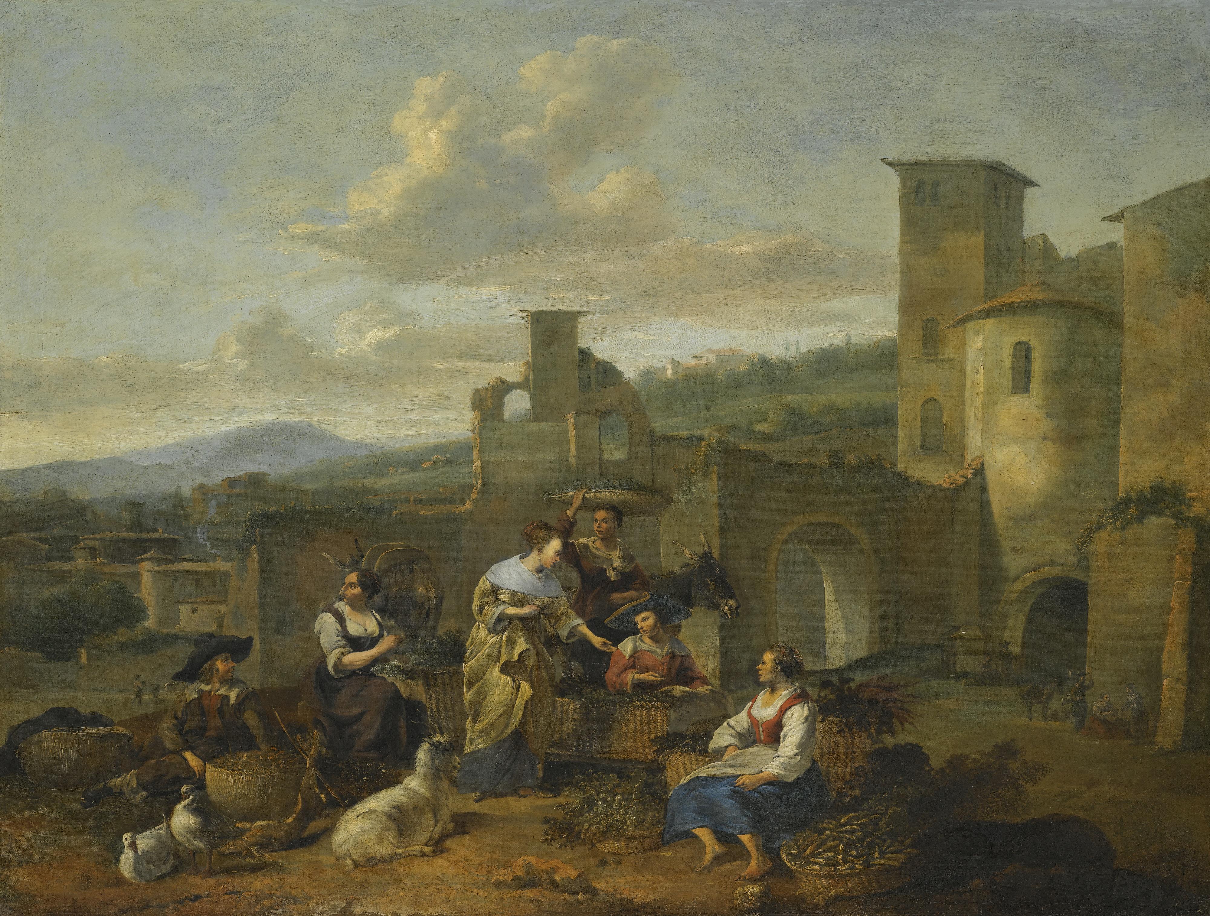 Hendrik Mommers - An Italianate Landscape With Vegetable Sellers