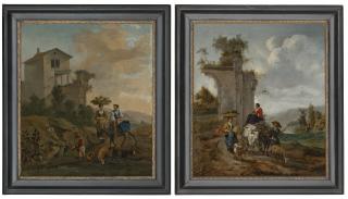 Hendrik Mommers - An Italianate landscape with women travelling to market; and An Italianate landscape with villagers and an ox-cart