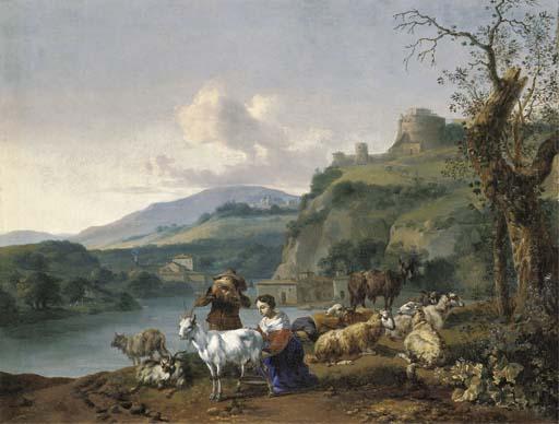 Hendrik Mommers - An Italianate river landscape with a shepherd and a shepherdess with their flock, a village beyond beneath a hill with the Mausoleum of Hadrian