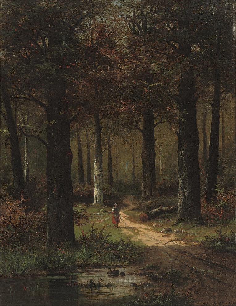 Hendrik Pieter Koekkoek - A faggot gatherer in the woods