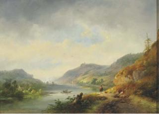 Hendrik Pieter Koekkoek - A river winding through hills, a town in the distance