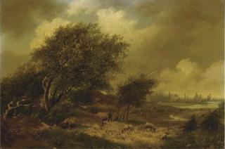 Hendrik Pieter Koekkoek - A wooded landscape with a city beyond