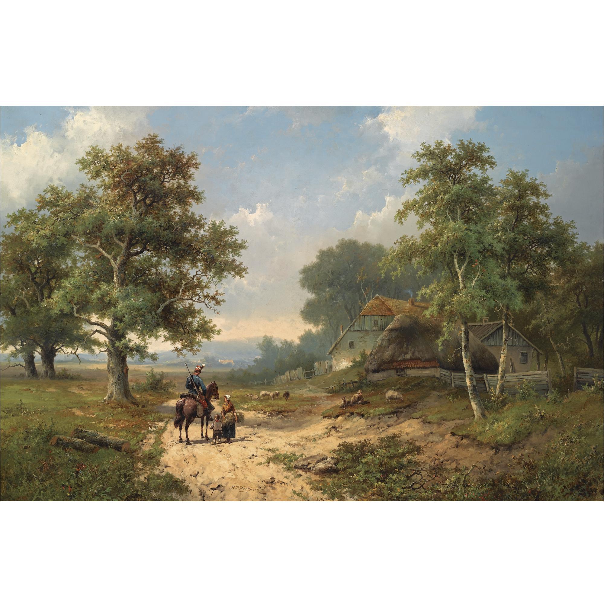 Hendrik Pieter Koekkoek - Dutch Conversing Figures In A Summer Landscape, Guildford