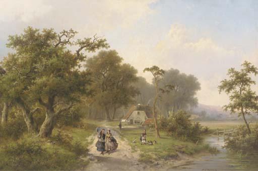 Hendrik Pieter Koekkoek - Elegant ladies strolling in the country