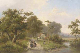 Hendrik Pieter Koekkoek - Elegant ladies strolling in the country