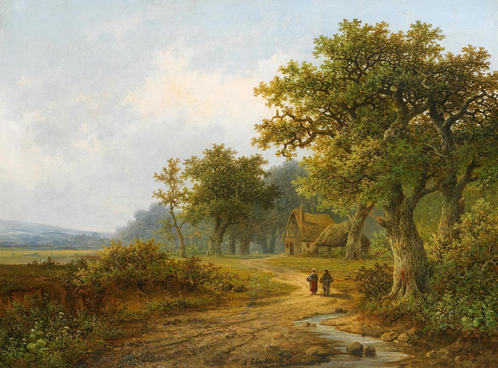 Hendrik Pieter Koekkoek - Landschaft mit Bachlauf und Feldweg.