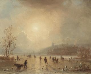 Hendrik Pieter Koekkoek - Skaters on a lake at dusk