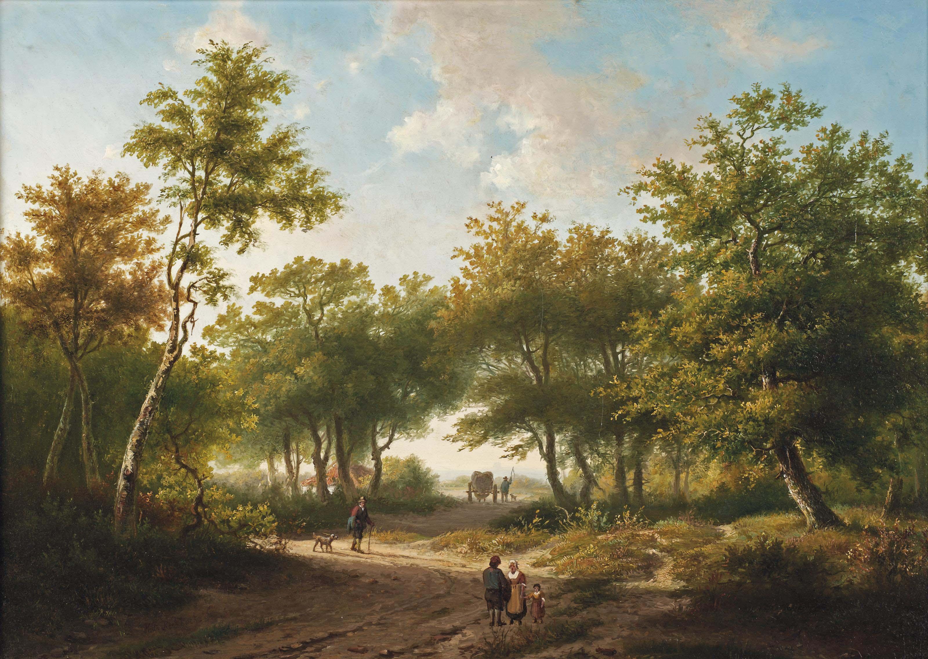 Hendrik Pieter Koekkoek - Travelers in a forest during a sunny day