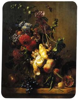 Hendrik Reekers - A still life with dahlias, hollyhocks and other flowers in a glass vase and fruit on a gilt tazza