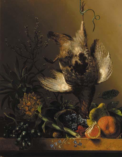 Hendrik Reekers - A still life with flowers, tropical fruit and a partridge
