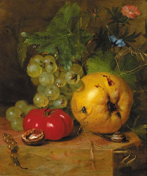 Hendrik Reekers - A still life with fruit and insects