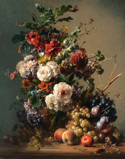 Hendrik Reekers - Dahlias, nasturtiums, bourbon roses, poppies, astras and buttercups in a copper ewer with plums, grapes and peaches on a marble ledge