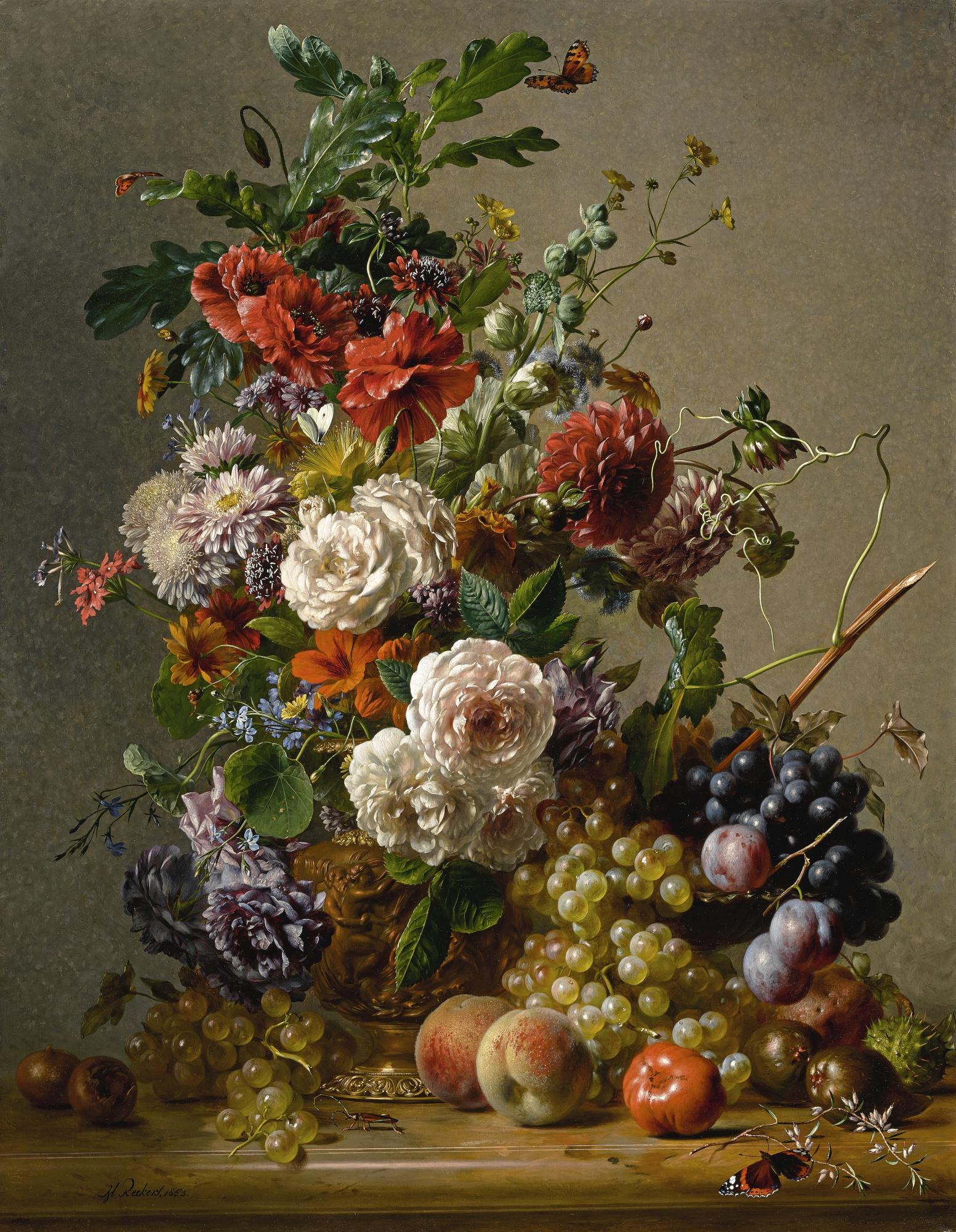 Hendrik Reekers - Dahlias, Nasturtiums, Roses And Other Flowers In A Copper Ewer With Plums, Grapes And Peaches On A Marble Ledge