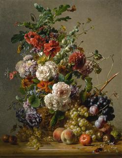 Hendrik Reekers - Dahlias, Nasturtiums, Roses And Other Flowers In A Copper Ewer With Plums, Grapes And Peaches On A Marble Ledge