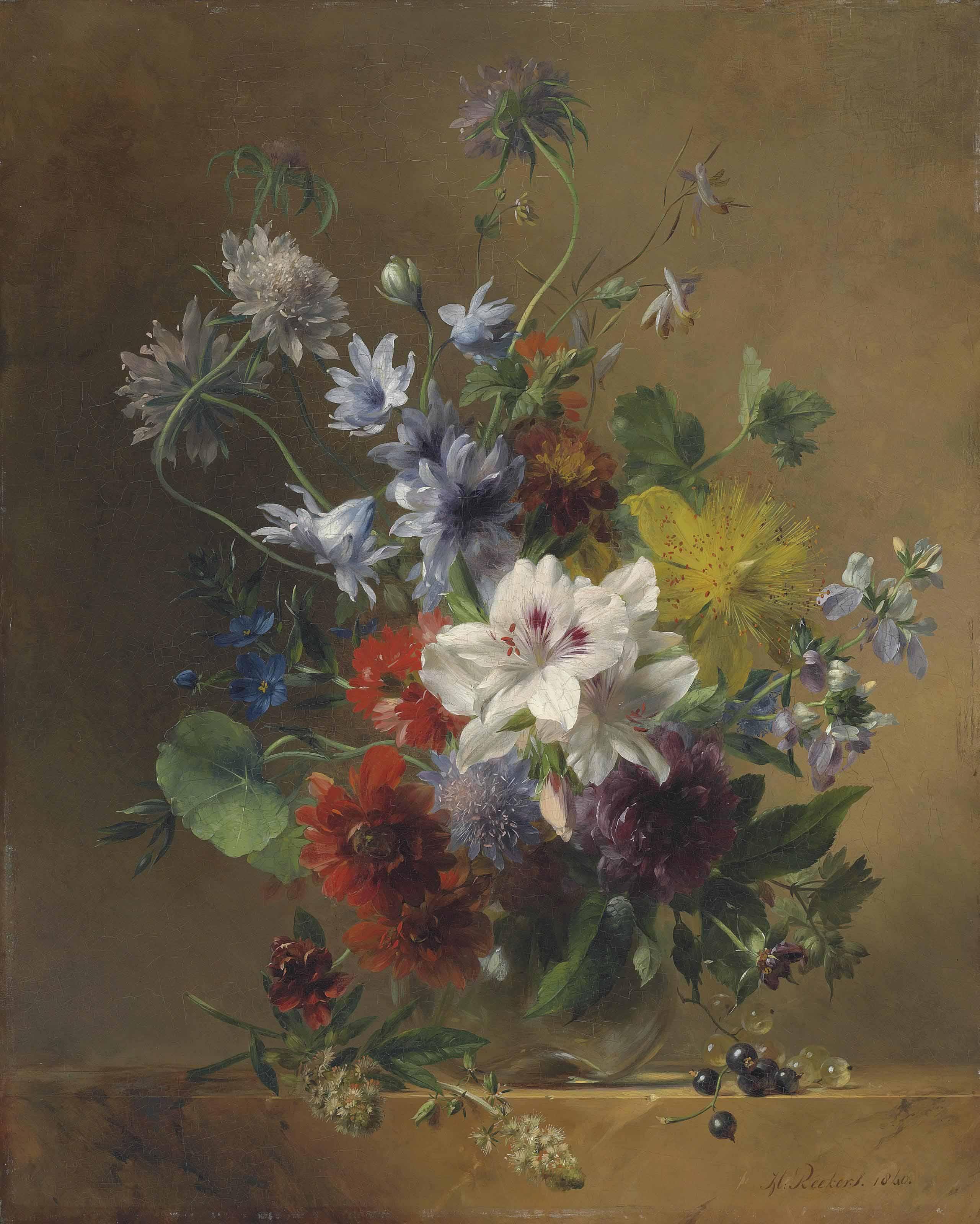 Hendrik Reekers - Summer Flowers In A Glass Vase On A Stone Ledge