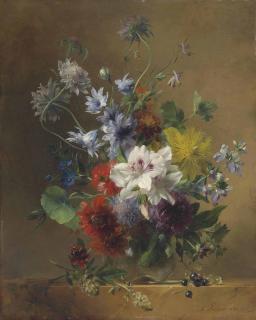 Hendrik Reekers - Summer Flowers In A Glass Vase On A Stone Ledge