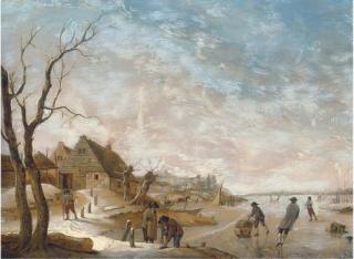 Hendrik Schweickardt - A winter landscape with figures skating on a frozen lake